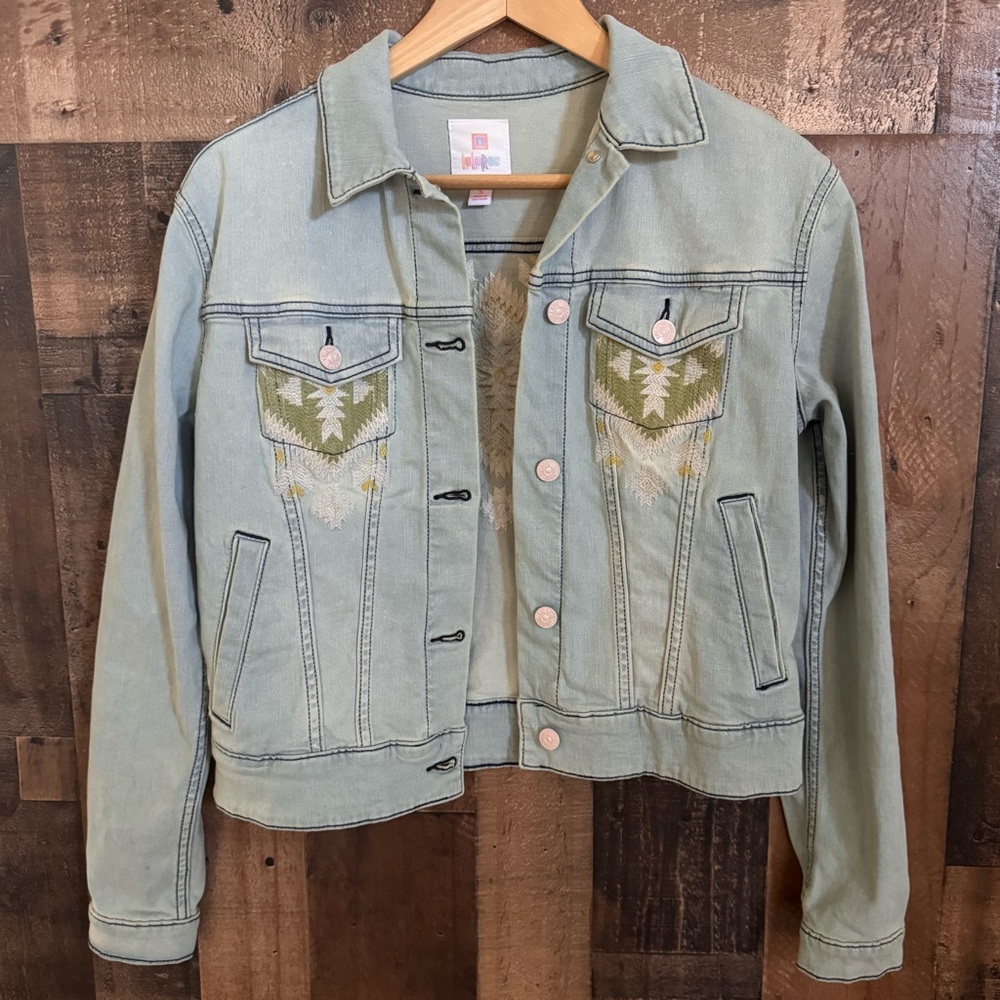 LuLaRoe Harvey Denim Jacket Small Aztec Embroidered Pink Buttons NWOT